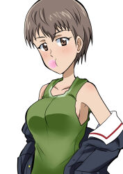 Rule 34 | 1girl, absurdres, alternate costume, blue jacket, brown eyes, brown hair, chewing gum, clothes pull, commentary, freckles, girls und panzer, green tank top, highres, jacket, jacket pull, long sleeves, looking at viewer, military uniform, naomi (girls und panzer), ooarai military uniform, open clothes, open jacket, short hair, simple background, solo, tank top, uniform, very short hair, wakku kan, white background