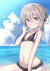 1girl absurdres bikini bikini_skirt black_bikini blue_sky cloud day frills girls&#039;_frontline highres light_brown_hair looking_at_viewer low_ponytail m200_(girls&#039;_frontline) messy_hair ocean ponytail purple_eyes rotroto sky solo swimsuit water