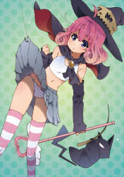 Rule 34 | 1girl, cat, clothes lift, detached sleeves, female focus, fishing hook, hat, highres, navel, original, panties, pink hair, skirt, skirt lift, solo, striped clothes, striped panties, striped thighhighs, takanashi ringo, thighhighs, underwear, upskirt, witch hat