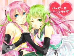 Rule 34 | 2girls, ;), alternate costume, aqua shirt, bare shoulders, black gloves, blue eyes, closed mouth, collared shirt, couple, elbow gloves, female focus, gloves, green eyes, green hair, gumi, hair between eyes, happy synthesizer (vocaloid), headphones, headset, heart, heart tattoo, holding hands, hug, leaning, leaning back, leaning forward, long hair, looking at viewer, megurine luka, mitsuo (nail-diter), multiple girls, one eye closed, pink hair, pink shirt, polka dot, polka dot clothes, polka dot shirt, polka dot tubetop, shirt, short hair, sidelocks, sleeveless, sleeveless shirt, smile, star (symbol), strapless, tattoo, tube top, vest, vocaloid, wink, yellow vest, yuri