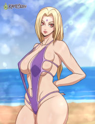 Rule 34 | 1girl, arms behind back, beach, blonde hair, breasts, brown eyes, cleavage, day, facial mark, female focus, forehead mark, huge breasts, kameseru, long hair, makeup, mature female, nail polish, naruto, naruto (series), naruto shippuuden, navel, ocean, outdoors, red nails, sand, solo, swimsuit, tight clothes, tsunade (naruto), twintails, water, wide hips