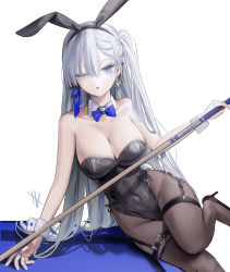 Rule 34 | 1girl, animal ears, black leotard, black pantyhose, blue bow, blue bowtie, blue eyes, bow, bowtie, breasts, cleavage, commentary, cue stick, detached collar, grey hair, highres, holding cue stick, large breasts, leotard, long hair, looking at viewer, one eye closed, one side up, original, pantyhose, playboy bunny, pool table, quarter 1404, rabbit ears, rabbit tail, simple background, solo, strapless, strapless leotard, symbol-only commentary, table, tail, thigh strap, white background