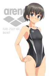 Rule 34 | 1girl, absurdres, arena (company), black eyes, black hair, black one-piece swimsuit, commentary request, competition swimsuit, hands on own hips, highres, logo, looking at viewer, one-piece swimsuit, original, ponytail, short hair, short ponytail, simple background, smile, solo, swimsuit, takafumi, white background