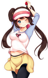 Rule 34 | 1girl, arms up, black pantyhose, blue eyes, blush, breasts, brown hair, closed mouth, collarbone, cowboy shot, creatures (company), double bun, female focus, game freak, hair bun, hair tie, happy, hat, highres, holding, holding poke ball, long hair, lun (fatalism2018), medium breasts, midriff peek, multicolored shirt, navel, nintendo, one eye closed, pantyhose, pink hat, poke ball, poke ball (basic), poke ball symbol, poke ball theme, pokemon, pokemon bw2, rosa (pokemon), shirt, shorts, simple background, smile, solo, standing, twintails, visor cap, watch, white background, wristwatch, yellow shorts