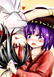 Rule 34 | 2girls, :p, absurdres, blush, bowl, bracelet, cheek-to-cheek, collarbone, eye contact, grey horns, hand on another&#039;s head, heads together, heart, highres, horns, japanese clothes, jewelry, junjun (kimi-la), kijin seija, kimono, looking at another, multicolored hair, multiple girls, open mouth, orange background, purple eyes, purple hair, red eyes, short hair, short sleeves, simple background, sukuna shinmyoumaru, tongue, tongue out, touhou, upside-down