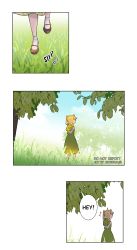 Rule 34 | 1girl, absurdres, aged down, ahoge, asterrales, blonde hair, commentary, dress, english commentary, genshin impact, green dress, hair ribbon, highres, jean (genshin impact), ponytail, puffy short sleeves, puffy sleeves, ribbon, short sleeves, solo, speech bubble, tree, walking, yellow ribbon