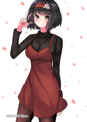 Rule 34 | 1girl, alternate costume, bad id, bad pixiv id, black hair, black pantyhose, black sweater, breasts, cherry blossoms, creatures (company), dated, dress, erika (pokemon), game freak, hairband, highres, medium breasts, naseul 777, nintendo, pantyhose, pokemon, pokemon lgpe, pokemon tcg, red dress, short hair, simple background, solo, sweater