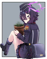 Rule 34 | 1girl, abe kanari, belt pouch, blue archive, boots, commentary request, flower pot, garrison cap, grey background, hair between eyes, hair ornament, halo, haruka (blue archive), hat, holding, holding flower pot, looking at viewer, military, military uniform, open mouth, plant, potted plant, pouch, purple eyes, purple hair, purple hat, simple background, sitting, solo, uniform, wavy mouth