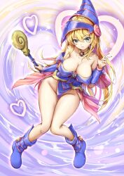Rule 34 | 1girl, bare legs, bare shoulders, blonde hair, blue dress, blue headwear, blush, boots, breasts, cleavage, dark magician girl, detached sleeves, dress, duel monster, fii fii (feefeeowo), floating, full body, green eyes, groin, hair between eyes, hand up, heart, highres, hip focus, holding, holding wand, knees together feet apart, large breasts, leaning forward, leaning to the side, legs, legs folded, long hair, looking at viewer, no panties, off-shoulder dress, off shoulder, revealing clothes, smile, solo, strapless, strapless dress, thigh gap, thighs, very long hair, w, wand, weapon behind back, yu-gi-oh!