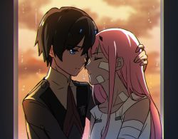 Rule 34 | 10s, 1boy, 1girl, bad id, bad twitter id, bandaged arm, bandages, bandaid, bandaid on face, black hair, blue eyes, blue horns, closed eyes, collarbone, commentary request, couple, darling in the franxx, face-to-face, facing another, forehead-to-forehead, hand on another&#039;s head, heads together, hetero, hiro (darling in the franxx), horns, long hair, long sleeves, looking at another, military, military uniform, mizu no, necktie, nightgown, oni horns, pink hair, red horns, red neckwear, short hair, sleeveless, spoilers, uniform, zero two (darling in the franxx)