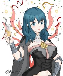 Rule 34 | 1girl, alcohol, armor, bad id, bad twitter id, blue eyes, blue hair, breasts, byleth (female) (fire emblem), byleth (fire emblem), celebration, champagne, champagne flute, clothing cutout, confetti, cup, draconety, drinking glass, fire emblem, fire emblem: three houses, hair between eyes, highres, large breasts, lips, looking at viewer, medium hair, navel, navel cutout, nintendo, signature, simple background, smile, solo, super smash bros., vambraces, watermark