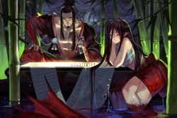 Rule 34 | 1boy, 1girl, abs, ahoge, bamboo, bamboo forest, black hair, blurry, closed mouth, cross-laced clothes, depth of field, closed eyes, facial hair, fireflies, fish girl, forest, glowing, goatee, hair between eyes, hand on own cheek, hand on own face, head rest, japanese clothes, joseph lee, lake, long hair, midriff, monster girl, nature, night, paper, partially submerged, pixiv fantasia, pixiv fantasia t, pointy ears, pom pom (clothes), red skirt, sarashi, scales, scar, scroll, sitting, skirt, sleeveless, sleeves pushed up, smile, table, tassel, tattoo, topknot, very long hair, water, water drop