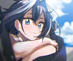 Rule 34 | 1girl, black hair, blue eyes, blurry, blurry background, bow, bow earrings, brmameng, car, crossed arms, earrings, hair intakes, hololive, hololive english, jewelry, motor vehicle, ouro kronii, smile, virtual youtuber