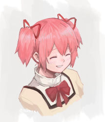 Rule 34 | 1girl, arms at sides, beige background, beige shirt, closed eyes, cropped shoulders, facing away, female focus, flat chest, from above, hair between eyes, hair ribbon, happy, high collar, kaname madoka, laughing, light blush, mahou shoujo madoka magica, mahou shoujo madoka magica (anime), mitakihara school uniform, neck ribbon, parted lips, pink hair, portrait, red ribbon, ribbon, school uniform, shirt, silverxp, simple background, solo, twintails, twitter username, two-tone background, upper body, white background