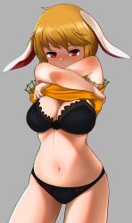 Rule 34 | 1girl, animal ears, black bra, black panties, blonde hair, blush, bra, breasts, chromatic aberration, clothes lift, contrapposto, covered mouth, cowboy shot, grey background, highres, large breasts, lifted by self, looking at viewer, navel, no headwear, no headwear, panties, rabbit ears, red eyes, ringo (touhou), shirt, shirt lift, short hair, simple background, solo, touhou, underwear, undressing, zawapirori