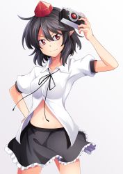 Rule 34 | 1girl, ashiroku (miracle hinacle), black hair, black ribbon, black skirt, breasts, camera, closed mouth, collared shirt, cowboy shot, frilled skirt, frills, hand on own hip, hat, highres, holding, holding camera, medium breasts, midriff, miniskirt, navel, partially unbuttoned, pointy ears, puffy short sleeves, puffy sleeves, red eyes, red hat, ribbon, shameimaru aya, shirt, short hair, short sleeves, skirt, smile, stomach, thighs, tokin hat, touhou, white shirt