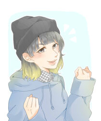 Rule 34 | 1girl, alternate hair color, black eyes, black hair, blonde hair, blue background, blue hoodie, border, commentary request, gradient hair, grey shirt, hands up, highres, hood, hood down, hoodie, kashikaze, long sleeves, looking at viewer, medium hair, multicolored hair, nanjou yoshino, outside border, parted lips, plaid, plaid shirt, real life, shirt, simple background, solo, upper body, voice actor, white background, white border