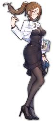 Rule 34 | 1girl, artist request, bag, black footwear, black pantyhose, black ribbon, book, bow, brown hair, carrying, carrying under arm, earrings, game cg, glasses, hair ribbon, handbag, high heels, highres, holding, holding bag, jewelry, leggings, mahjong soul, official art, pantyhose, ponytail, ribbon, simple background, solo, terasaki chihori, third-party source, transparent background, white bow, yellow eyes, yostar