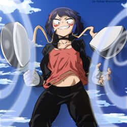 1girl absurdres artist_name audio_jack black_choker black_eyes black_hair black_jacket black_pants blunt_bangs boku_no_hero_academia breasts choker collarbone facepaint fingerless_gloves gloves headphones highres jacket jirou_kyouka long_earlobes looking_at_viewer midriff_peek navel open_mouth pants pink_shirt shirt short_hair sky small_breasts smile solo sound_wave speaker torn_clothes torn_shirt woochan0919