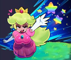 Rule 34 | 1girl, alternate eye color, arm up, black background, black eyes, blonde hair, blue gemstone, breasts, brooch, crown, dress, earrings, elbow gloves, eyelashes, full body, gem, gloves, grass, half-closed eyes, hand up, heart, heart-shaped pupils, highres, jewelry, large breasts, lips, lipstick, long dress, long hair, looking at viewer, makeup, mario (series), nintendo, open hands, open mouth, outstretched arms, pink dress, princess, princess peach, puffy short sleeves, puffy sleeves, purple lips, rainbow, sharp teeth, short sleeves, smirk, solo, somescrub, sparkle, sphere earrings, star (symbol), super mario rpg, symbol-shaped pupils, teeth, upper teeth only, very long hair, white gloves