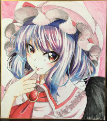 Rule 34 | 1girl, 283win, ascot, bat wings, blue hair, closed mouth, commentary request, hat, hat ribbon, looking at viewer, medium hair, mob cap, photo (medium), red ascot, red eyes, red ribbon, remilia scarlet, ribbon, shikishi, sidelocks, smile, solo, touhou, traditional media, upper body, white hat, wings