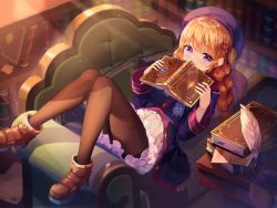 Rule 34 | 1girl, bad id, bad twitter id, beret, black pantyhose, blurry, blush, book, bookshelf, boots, braid, brown pantyhose, commentary request, covered mouth, covering own mouth, depth of field, frills, hat, holding, holding book, hood, hooded coat, indoors, knees together feet apart, light rays, long hair, pantyhose, princess connect!, purple eyes, purple hat, red hair, seero, skirt, solo, twin braids, yuni (princess connect!)