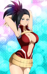 Rule 34 | 1girl, absurdres, armpits, arms behind head, arms up, artist name, bare shoulders, belt, black hair, boku no hero academia, breasts, center opening, cleavage, clenched hand, collarbone, collared leotard, eyelashes, female focus, fingernails, gradient background, grey eyes, hand on own elbow, high collar, highres, iharuluna, large breasts, legs, leotard, light blush, long hair, looking at viewer, navel, neck, no bra, ponytail, print leotard, red leotard, seductive smile, shiny skin, sideboob, single bang, skin tight, sleeveless, smile, standing, thighs, thighs together, wide ponytail, yaoyorozu momo