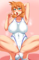 Rule 34 | 1girl, absurdres, armpits, bare legs, blue eyes, blush, breasts, cameltoe, competition swimsuit, covered erect nipples, cowboy shot, creatures (company), fellatio gesture, game freak, hand gesture, highres, large breasts, legs, looking at viewer, misty (pokemon), murasame (tmurasamek), navel, nintendo, one-piece swimsuit, orange hair, pokemon, pokemon hgss, pussy, sandals, smile, solo, spread legs, swimsuit, thighs, tongue, tongue out, wet, white one-piece swimsuit