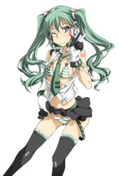 Rule 34 | 1girl, clothes lift, gloves, green eyes, green hair, hatsune miku, headphones, headset, highres, kasetsu 03, lingerie, long hair, matching hair/eyes, necktie, one eye closed, open clothes, simple background, skirt, skirt lift, smile, solo, thighhighs, twintails, underwear, v, vocaloid, wink