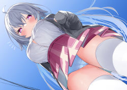 Rule 34 | 1girl, :&lt;, absurdres, ahoge, black cardigan, blue panties, blue sky, blush, breasts, cardigan, closed mouth, commentary request, day, dutch angle, from below, grey hair, hair between eyes, highres, kamioka shun&#039;ya, large breasts, long sleeves, looking at viewer, looking down, open cardigan, open clothes, original, outdoors, panties, plaid, plaid skirt, pleated skirt, power lines, purple eyes, purple skirt, shirt, skirt, sky, sleeves past wrists, solo, thighhighs, underwear, upskirt, white shirt, white thighhighs