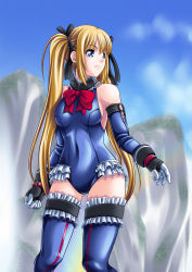 Rule 34 | 1girl, bare shoulders, blonde hair, blue eyes, blue leotard, blue one-piece swimsuit, blue thighhighs, blurry, bow, breasts, dead or alive, dead or alive 5, depth of field, detached collar, detached sleeves, female focus, frills, gloves, hair ornament, hair ribbon, highres, leotard, long hair, looking away, marie rose, mountain, niitsu riu, one-piece swimsuit, outdoors, ribbon, school swimsuit, sideboob, sky, small breasts, solo, standing, swimsuit, thigh gap, thighhighs, twintails