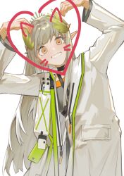 Rule 34 | 1girl, animal ears, arknights, arms up, black shirt, blush, coat, commentary, fake animal ears, fake whiskers, feather hair, grey hair, grin, heart, heart arms, highres, id card, lab coat, liang (d.r.), long hair, looking at viewer, muelsyse (arknights), pointy ears, shirt, simple background, smile, solo, symbol-only commentary, teeth, upper body, white background, white coat, yellow eyes