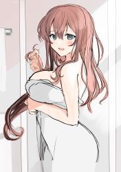 Rule 34 | 1girl, absurdres, alternate hairstyle, blue eyes, brown hair, cowboy shot, hair between eyes, hair down, highres, holding, holding own hair, kantai collection, looking at viewer, naked towel, saratoga (kancolle), sidelocks, smile, solo, towel, unfinished, white towel, yunamaro