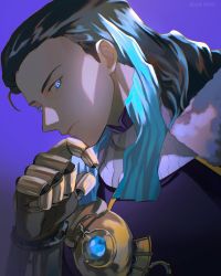 Rule 34 | 1boy, arm armor, armor, black hair, blue background, blue eyes, blue hair, chinese commentary, closed mouth, commentary request, expressionless, fate/grand order, fate (series), gloves, gradient background, gradient hair, high collar, highres, long hair, long sleeves, looking at viewer, male focus, multicolored hair, nikola tesla (fate), solo, sosaka, two-tone hair, upper body
