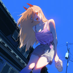 Rule 34 | 1girl, absurdres, blonde hair, blue sky, building, camisole, chainsaw man, cross-shaped pupils, day, demon girl, demon horns, denim, denim shorts, hat, high-waist shorts, highres, holding, holding clothes, holding hat, horns, long hair, looking at viewer, open mouth, orange eyes, outdoors, pink camisole, power (chainsaw man), power lines, raneblu, red horns, sharp teeth, shirt, shorts, sky, solo, symbol-shaped pupils, teeth, tied shirt, tongue, tongue out, utility pole