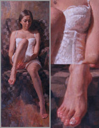Rule 34 | 1girl, barefoot, brown hair, dress, feet, jewelry, leg up, legs, long hair, misawa hiroshi, necklace, oil painting (medium), original, own hands clasped, own hands together, painting (medium), photorealistic, realistic, sitting, solo, toenails, toes, traditional media, zoom layer