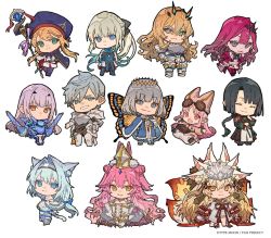 Rule 34 | 3boys, 6+girls, :d, animal ear fluff, animal ears, armor, artoria caster (fate), artoria caster (second ascension) (fate), artoria pendragon (fate), baobhan sith (fate), baobhan sith (first ascension) (fate), barghest (fate), black bow, black dress, blonde hair, blue eyes, blue hair, blunt bangs, bow, braid, butterfly wings, cape, chibi, chinese clothes, closed eyes, closed mouth, copyright notice, crossed legs, diamond hairband, dobrynya nikitich (fate), dress, fate/grand order, fate (series), fox ears, french braid, fur-trimmed cape, fur trim, gloves, green eyes, grey eyes, grey hair, habetrot (fate), hair between eyes, hair bow, hair intakes, hand on own hip, hands on own hips, hat, holding, holding staff, insect wings, japanese clothes, koyanskaya (assassin) (third ascension) (fate), koyanskaya (fate), koyanskaya (lostbelt beast:iv) (fate), leg up, long hair, long sleeves, low ponytail, melusine (fate), melusine (first ascension) (fate), morgan le fay (fate), multiple boys, multiple girls, multiple tails, nozaki tsubata, oberon (fate), official art, open mouth, percival (fate), pink gloves, pink hair, pointy ears, ponytail, short hair, sidelocks, simple background, smile, staff, tai gong wang (fate), tail, tamamo (fate), very long hair, watson cross, white background, wide sleeves, wings, yellow eyes