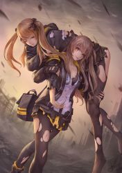Rule 34 | 2girls, artist name, black bow, black bra, black gloves, black skirt, bow, bra, brown eyes, brown hair, carrying, closed mouth, commentary, cuts, fingerless gloves, fireman&#039;s carry, girls&#039; frontline, gloves, grey hair, hair bow, highres, hood, hoodie, injury, jacket, jay xu, light smile, lips, long hair, md5 mismatch, miniskirt, multiple girls, one eye closed, one side up, open clothes, open jacket, outdoors, pantyhose, resolution mismatch, revision, ruins, shirt, siblings, sidelocks, signature, silhouette, sisters, skirt, smile, source smaller, standing, torn clothes, torn legwear, torn skirt, twins, twintails, ump45 (girls&#039; frontline), ump9 (girls&#039; frontline), underwear, walking, white shirt