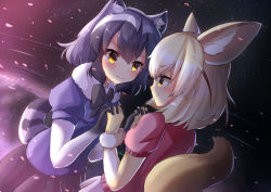 Rule 34 | 2girls, absurdres, animal ear fluff, animal ears, black gloves, black hair, black skirt, blonde hair, blue shirt, blush, common raccoon (kemono friends), elbow gloves, eye contact, fennec (kemono friends), fox ears, fox tail, from behind, fur-trimmed gloves, fur collar, fur trim, gloves, gradient background, gradient gloves, grey hair, grimace, highres, holding hands, interlocked fingers, kemono friends, looking at another, multiple girls, petals, pink shirt, puffy short sleeves, puffy sleeves, purple background, raccoon ears, raccoon tail, sachisudesu, shirt, short hair, short sleeves, skirt, smile, standing, tail, white gloves, white hair, white skirt, yellow eyes, yellow gloves, yuri