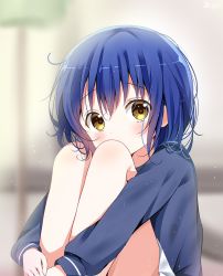 Rule 34 | 1girl, artist name, blue eyes, blue shirt, blurry, blurry background, blush, brown eyes, commentary, covered mouth, depth of field, deyui, feet out of frame, gochuumon wa usagi desu ka?, highres, jouga maya, knees up, hugging own legs, long sleeves, looking at viewer, pleated skirt, shirt, signature, sitting, skirt, solo, white skirt