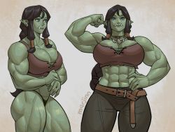 Rule 34 | 1girl, abs, absurdres, belt, biceps, braid, breasts, brown hair, cleavage, colored skin, female orc, flexing, green eyes, green skin, hand on own hip, highres, large breasts, long bangs, long hair, m4rjinn, muscular, muscular female, orc, original, pointy ears, thick thighs, thighs, tusks