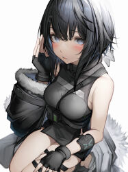 Rule 34 | 1girl, absurdres, arknights, bare shoulders, black coat, black gloves, black hair, blue eyes, blush, breasts, coat, commentary, fingerless gloves, fur-trimmed coat, fur trim, gloves, grey shirt, hair intakes, hair ornament, hairclip, hand up, highres, la pluma (arknights), looking at viewer, medium breasts, parted lips, shirt, short hair, simple background, sleeveless, sleeveless shirt, solo, tab head, thigh strap, white background