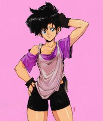 Rule 34 | 1990s (style), 1girl, bike shorts, black hair, blue eyes, breasts, brown gloves, cleavage, collarbone, colorized, commentary, cowboy shot, david liu, dragon ball, dragonball z, english commentary, fingerless gloves, gloves, hand in own hair, hand on own hip, highres, loose clothes, loose shirt, medium breasts, off shoulder, pink background, retro artstyle, shirt, short hair, smile, solo, t-shirt, tank top, thighs, tomboy, unaligned breasts, videl