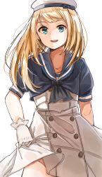 Rule 34 | 1girl, blonde hair, blue eyes, blue sailor collar, clothes lift, commentary request, cowboy shot, dress, dress lift, gloves, hat, highres, jervis (kancolle), kantai collection, lifting own clothes, long hair, looking at viewer, nao1, no panties, open mouth, sailor collar, sailor dress, sailor hat, short sleeves, simple background, solo, white background, white gloves, white hat