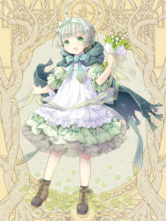 Rule 34 | 1girl, :d, bow, brown footwear, cape, dairoku ryouhei, dress, flower, green bow, green cape, green eyes, green hairband, green ribbon, grey hair, hairband, holding, holding flower, hood, hood down, hooded cape, lily of the valley, looking at viewer, muguet blanche, open mouth, puffy short sleeves, puffy sleeves, ribbon, short hair, short sleeves, smile, solo, standing, touko (tokotoko), yellow background