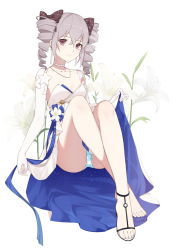 Rule 34 | 1girl, bare legs, bare shoulders, blue dress, blue ribbon, bow, bronya zaychik, bronya zaychik (wolf&#039;s dawn), choker, crossed bangs, dress, drill hair, earrings, elbow gloves, feet, floral background, flower, full body, gloves, grey eyes, grey hair, hair bow, highres, honkai (series), honkai impact 3rd, hymxiaocyan, jewelry, lily (flower), long hair, necklace, panties, pantyshot, polka dot, polka dot bow, ribbon, sandals, sitting, sky print, smile, solo, striped clothes, striped panties, toes, twin drills, two-sided fabric, two-sided skirt, two-tone dress, underwear, white choker, white dress, white gloves