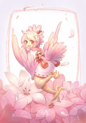 Rule 34 | 1girl, artist name, bird legs, bird tail, facial mark, feathered wings, feathers, flower, from behind, hair flower, hair ornament, harpy, highres, iimia, looking at viewer, looking back, monster girl, open mouth, original, pink eyes, pink feathers, pink flower, pink hair, pink wings, rope, shimenawa, short hair, solo, tail, talons, winged arms, wings