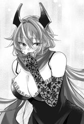 Rule 34 | 1girl, alternate costume, blush, breasts, chaps, cleavage, dress, elbow gloves, gloves, goddess of victory: nikke, greyscale, hair between eyes, headgear, highres, horns, kyouhanechaou, large breasts, long hair, mechanical horns, monochrome, red hood (nikke), scarf, solo, sweatdrop, very long hair
