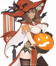 Rule 34 | 1girl, alternate color, belt, black gloves, black thighhighs, breasts, brown hair, cleavage, commentary, english commentary, flagpole, flower, food, from side, genshin impact, gloves, green eyes, hair flower, hair ornament, hat, hat flower, holding, holding food, holding pumpkin, holding vegetable, jack-o&#039;-lantern, lanhacy, lisa (genshin impact), long hair, looking at viewer, low-tied long hair, orange hat, patreon username, pelvic curtain, pumpkin, simple background, smile, solo, standing, thighhighs, vegetable, vision (genshin impact), white background, witch hat, zettai ryouiki