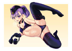Rule 34 | 1girl, :d, bare shoulders, bikini, black bikini, black gloves, black thighhighs, blush, buckle, dated, elzlo, fate/grand order, fate (series), flat chest, full body, garrison cap, gloves, gluteal fold, gradient background, hat, headphones, headphones removed, helena blavatsky (fate), helena blavatsky (swimsuit archer) (fate), helena blavatsky (swimsuit archer) (third ascension) (fate), holding, holding headphones, leg up, looking at viewer, lying, navel, no shoes, on side, open mouth, ponytail, purple eyes, purple hair, short hair, signature, smile, solo, spread legs, stomach, swimsuit, thighhighs, yellow background